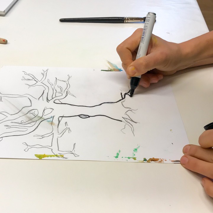 Das Foto zeigt ein Paar Hände von einer Person. Die Person zeichnet mit einem Filzstift einen Baum auf ein weißes Stück Papier.