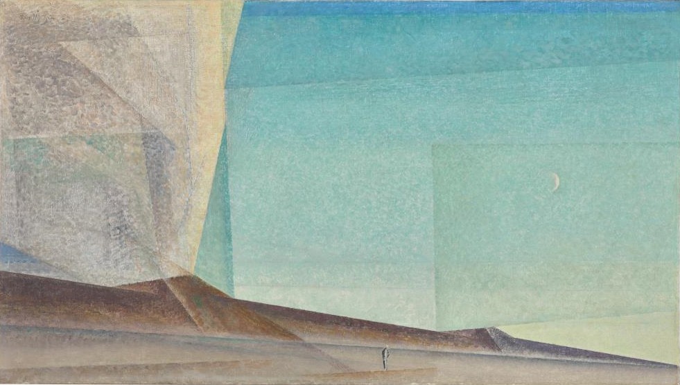 Das Bild zeigt das Gemälde „Düne am Abend“ von Lyonel Feininger. Man sieht eine Dünenlandschaft im unteren Bildteil. Sie ist braun und grau gehalten. An der rechten Seite könnte der Vorsprung von einer Klippe sein. Durch den Sand von der Dünenlandschaft geht eine einzelne Person. Ansonsten ist die Landschaft menschenleer. Im Hintergrund sieht man einen blauen Himmel. Auf der rechten Seite sieht man einen Sichelmond am Himmel.