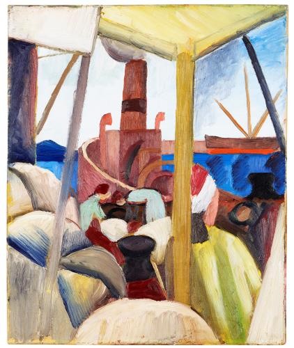 Das Bild zeigt "Tunesisches Hafenbild" von August Macke. Vieles ist sehr vereinfacht dargestellt. Im Mittelgrund liegt ein Schiff im Hafen. Einige Menschen verladen Waren von dem Schiff. Im Hintergrund sieht man die See. Ein weiteres Schiff ist rechts im Hintergrund.