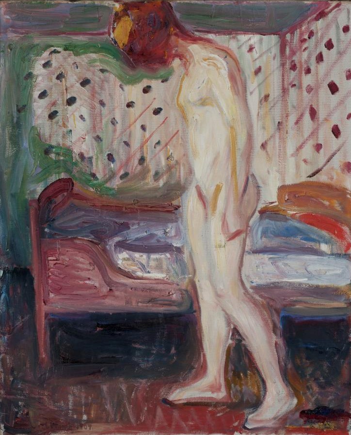 Das Bild zeigt "das weinende Mädchen" von Edvard Munch. Man sieht eine menschliche Gestalt mit angedeuteten Brüsten. Die Gestalt ist nackt. Ihr Kopf ist in einem tiefen Rotton gemalt. Ihre Stirn dagegen ist gelb. Im Hintergrund sieht man ein Bett mit blauer Bettwäsche.  Die Wände sind scheinbar gepunktet.
