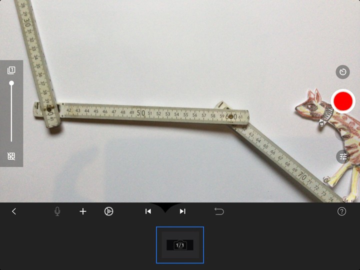 Das Foto zeigt die Erstelloberfläche in der App "Stop Motion Studio". Der Regler ganz links ist so weit nach oben geschoben wie möglich. Am rechten Bildrand liegt der Ausschnitt von einer Ginsterkatze.