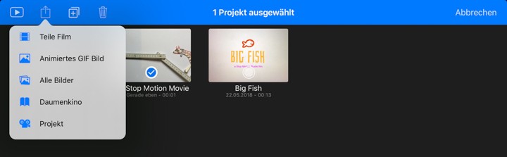 Das Foto zeigt die Benutzeroberfläche der App "Stop Motion Studio". Ein Film mit dem Titel "Stop Motion Movie" wurde ausgewählt. Das zweite Menü von links oben ist geöffnet. Zu sehen sind die Optionen "Teile Film", "Animiertes GIF Bild", "Alle Bilder", "Daumenkino" und "Projekt".